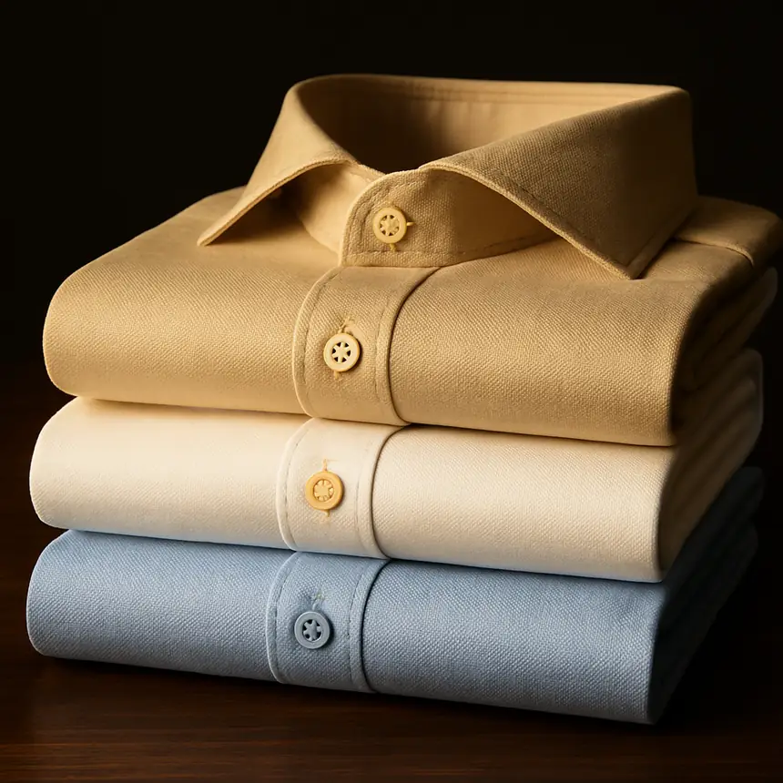 Camisas masculinas dobradas em bege, branco e azul, peças de alta qualidade da DW Mens Wear