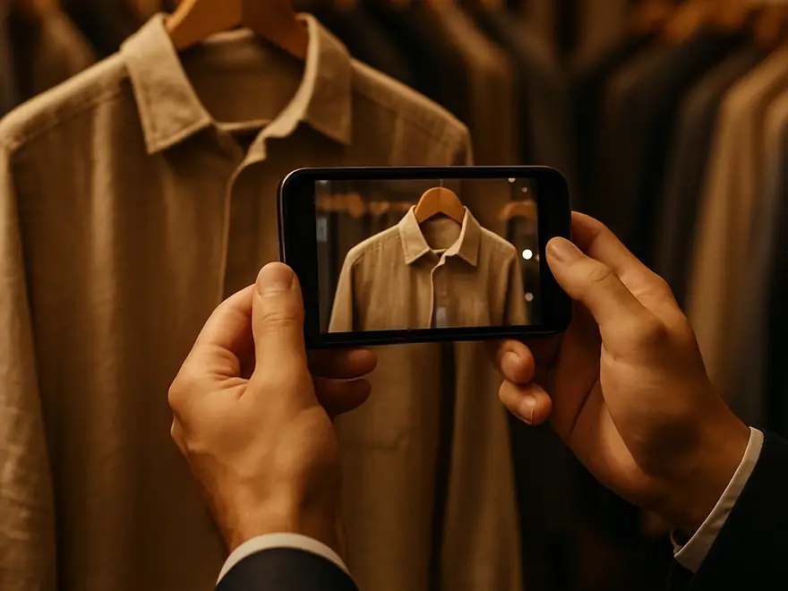 Vendedor mostrando uma camisa masculina por chamada de vídeo no celular dentro da loja