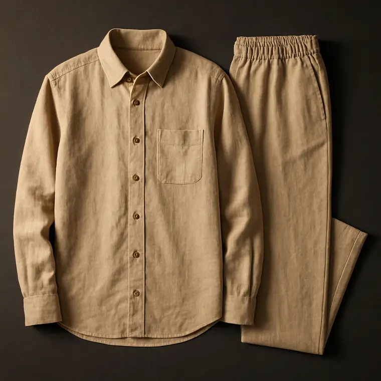 Conjunto masculino de linho bege, camisa e calça