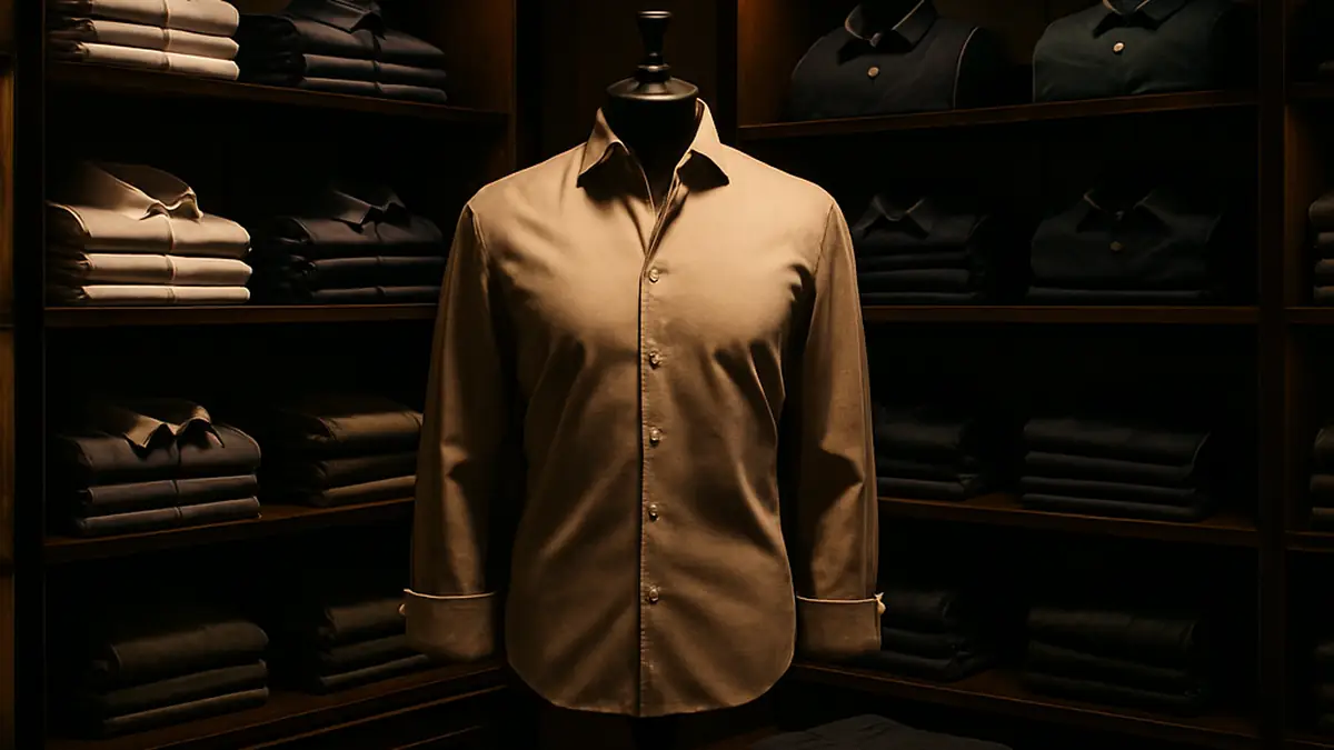 Interior da loja DW Mens Wear com camisas, polos e calças masculinas expostas