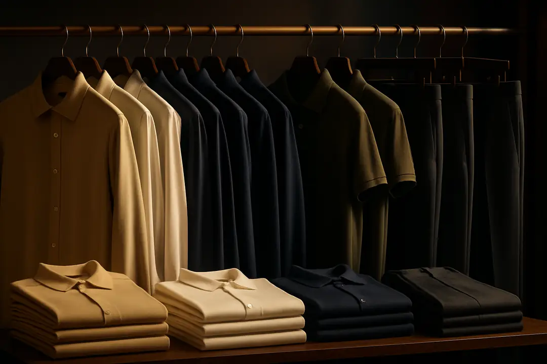 Peças de moda masculina da DW Mens Wear: camisas, polos e calças em arara e dobradas